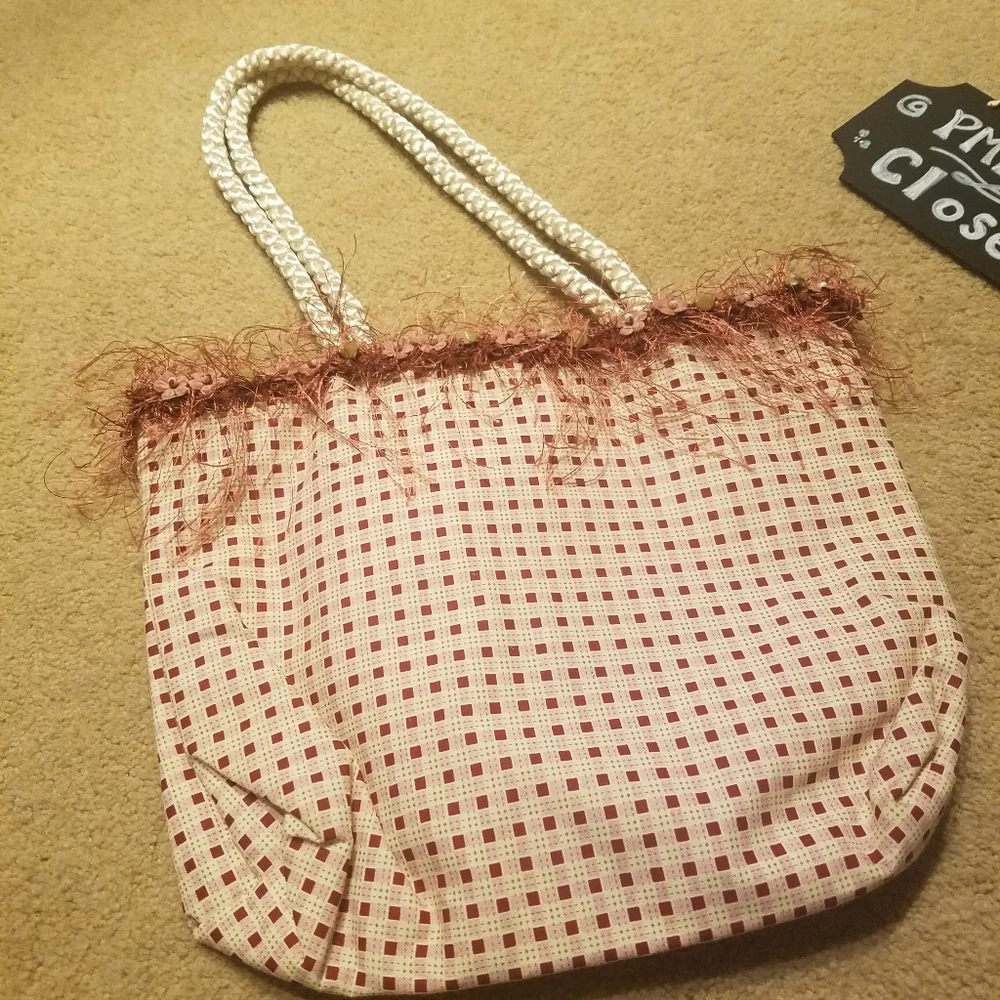 Pink Checked Tote Bag by Rosa with Beaded Trim